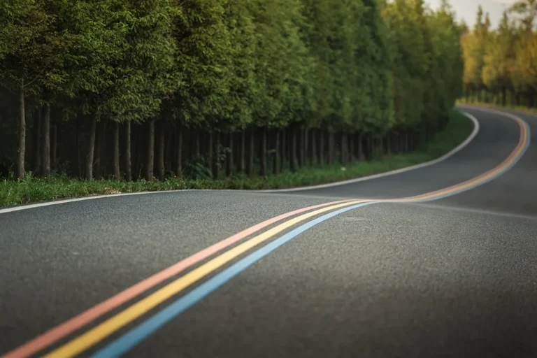 Winding two-lane road with colored lane lines beside a row of trees