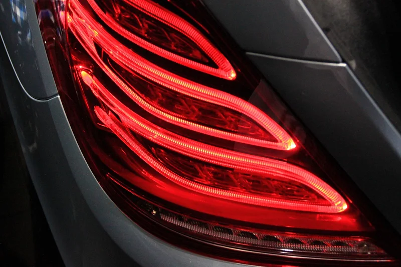 Close-up of an LED tail light glowing red