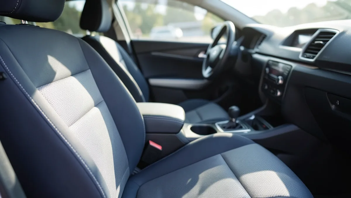 Front car seats fitted with dark navy and silver two-tone seat covers
