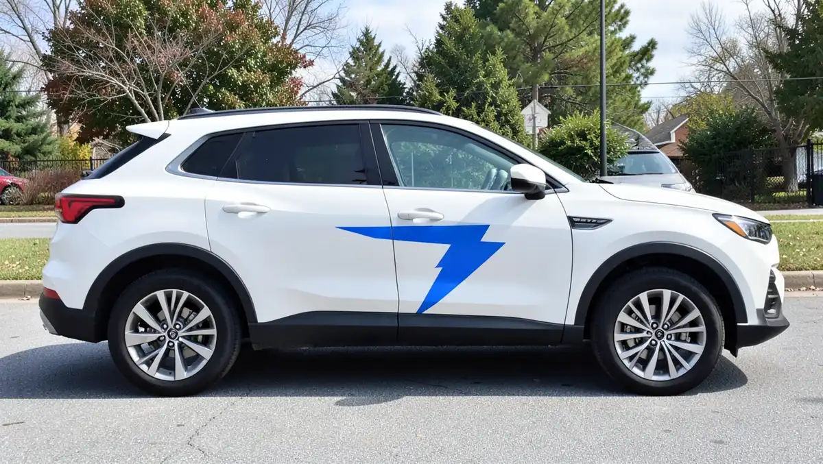 White electric SUV with a blue lightning bolt vinyl decal on the front door and fender