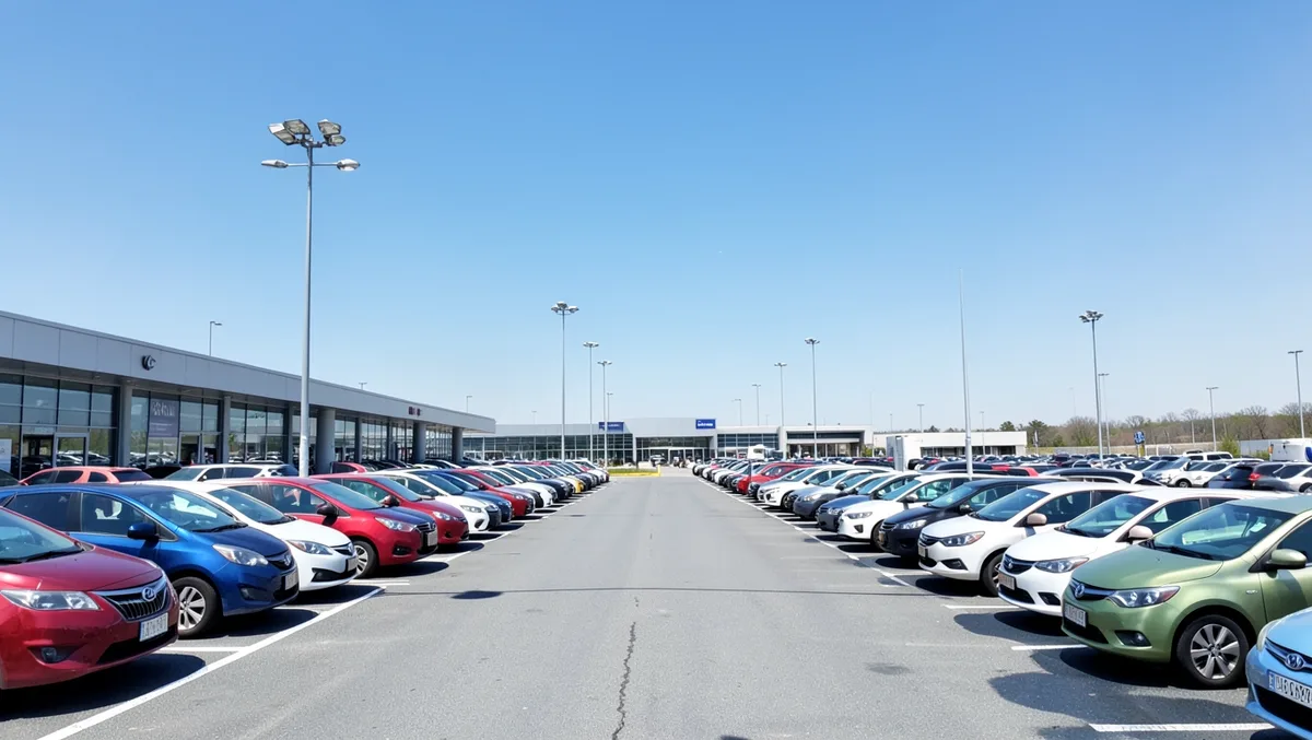 Rows of rental cars parked at an airport rental car lot