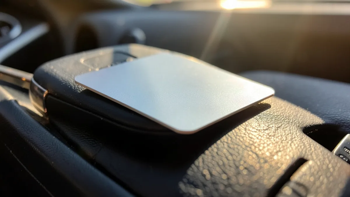 Blank credit card resting on a car key fob on a vehicle dashboard
