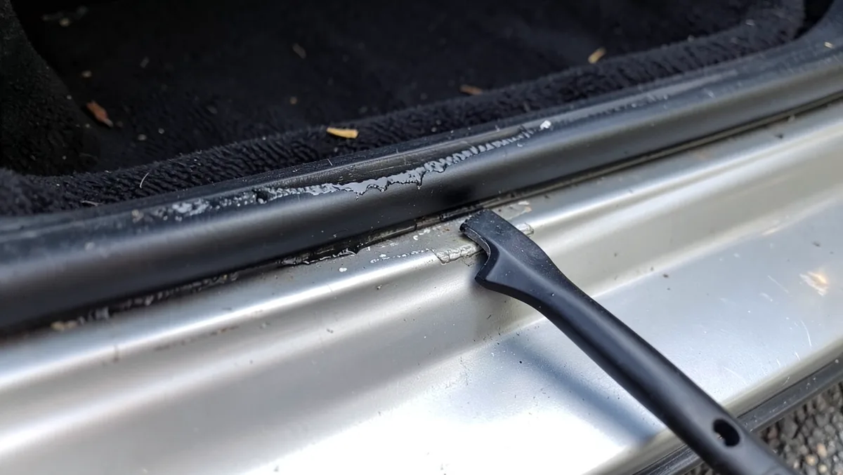 Car door frame channel being cleaned of old adhesive residue with a plastic trim tool