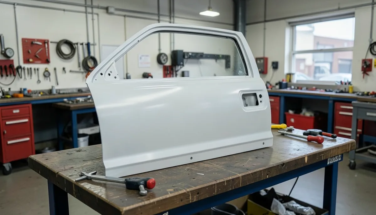 Bare unpainted sheet-metal door skin replacement panel on a body shop workbench