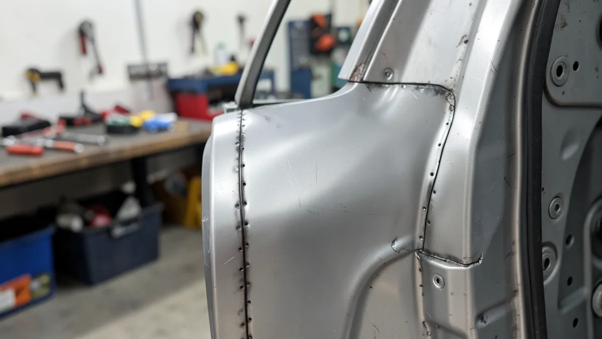 New bare metal door skin hemmed and spot-welded onto a door frame in a body shop