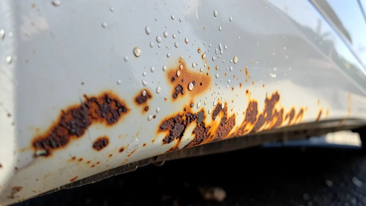 Surface rust bubbling through paint and eating through the lower edge of a car door