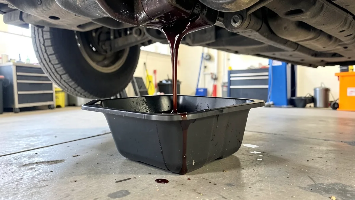 black drain pan catching used transmission fluid under a raised car
