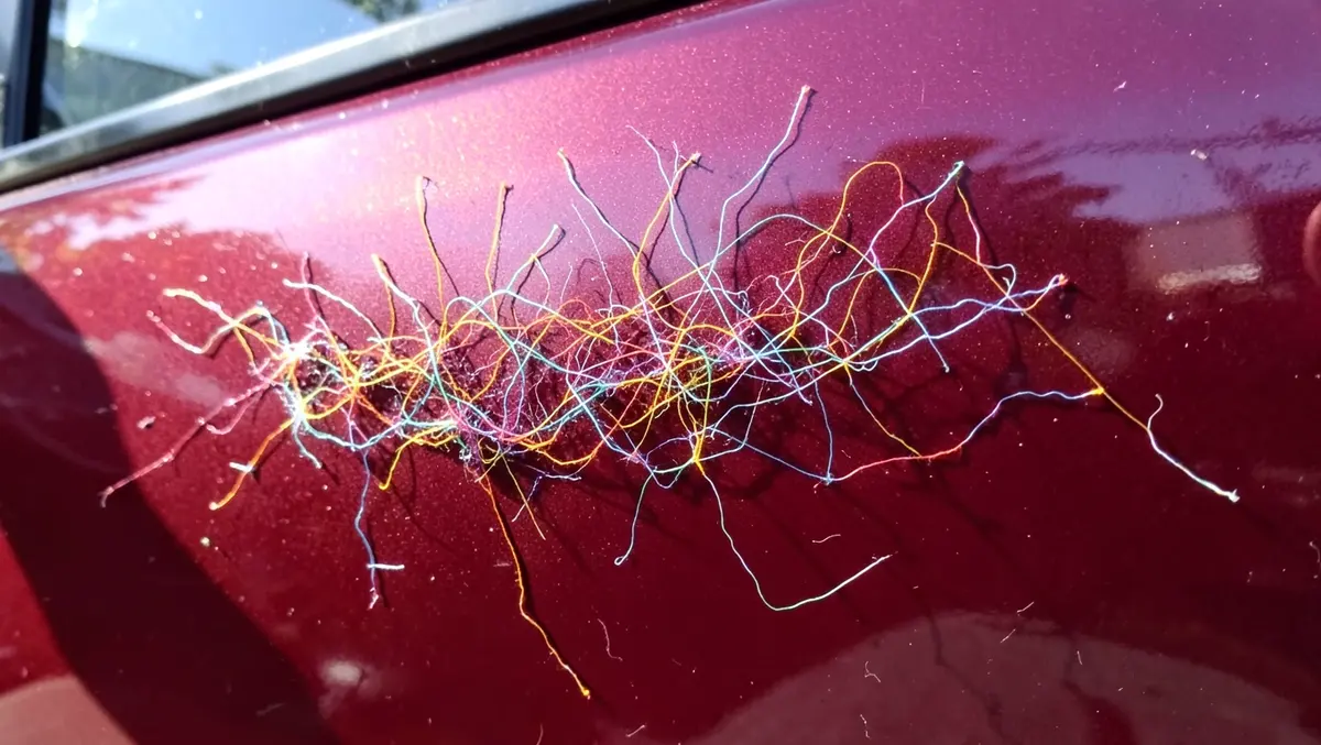 Dried silly string residue stuck to dark red car paint