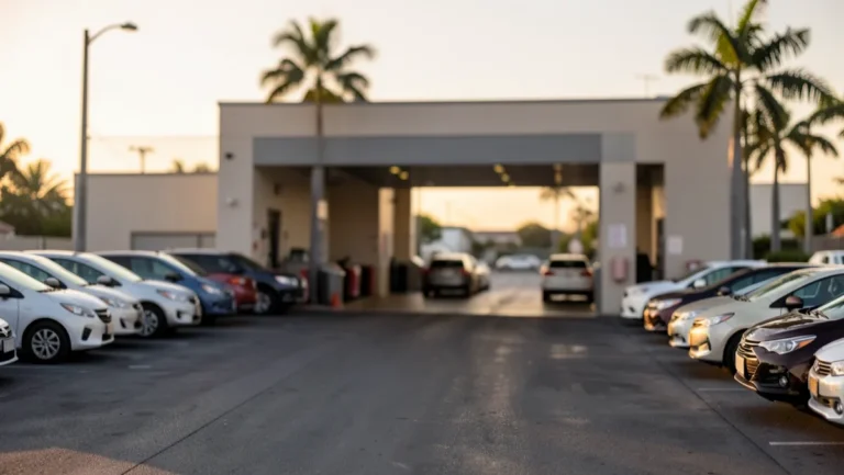 Car wash tunnel exterior at dusk with cars queued outside