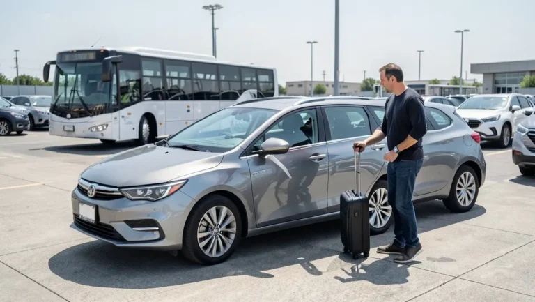 Traveler walking toward a rental car with a rolling suitcase in a rental car pickup lot