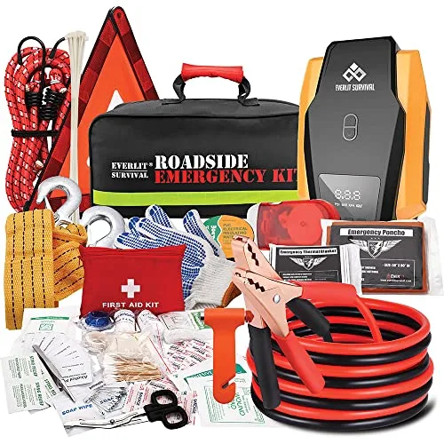 Everlit Survival roadside emergency kit bag with jumper cables, warning triangle, first aid kit, and tire inflator