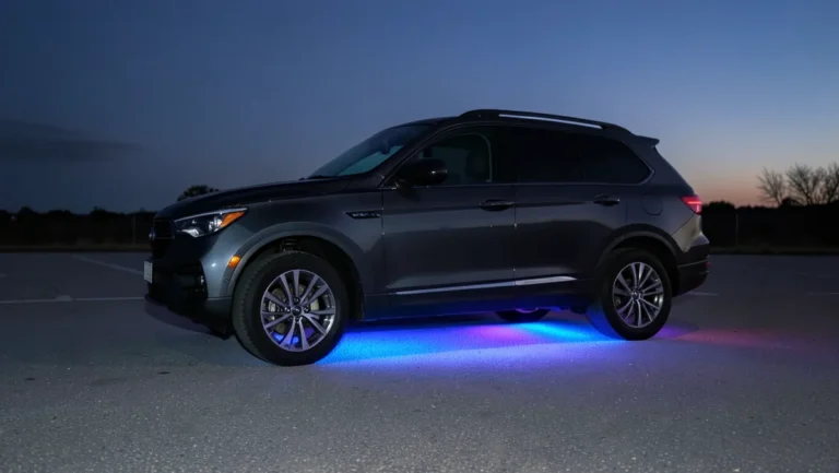 Dark SUV parked at night with blue and purple LED underglow lighting glowing beneath the rocker panels between the wheels