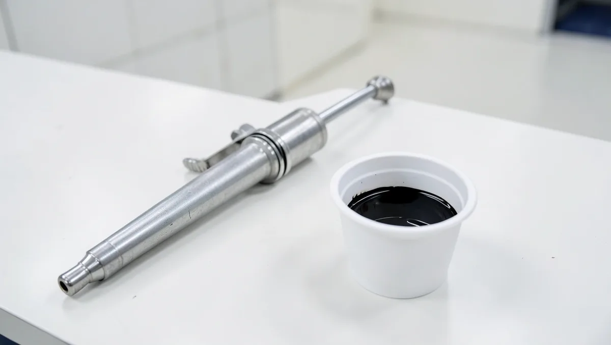 Automotive spray gun and a mixing cup of black basecoat paint set up for a 1:1 reducer blend on a body shop workbench