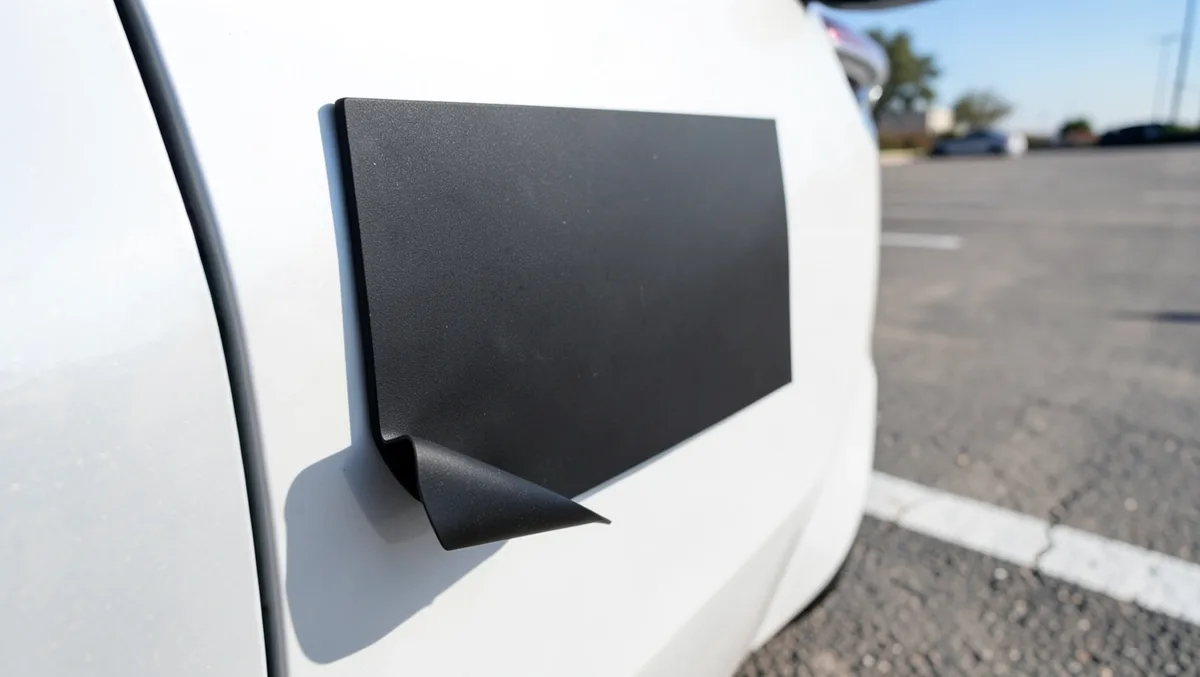 Thin flag magnet corner curling up in direct sunlight on a car door panel