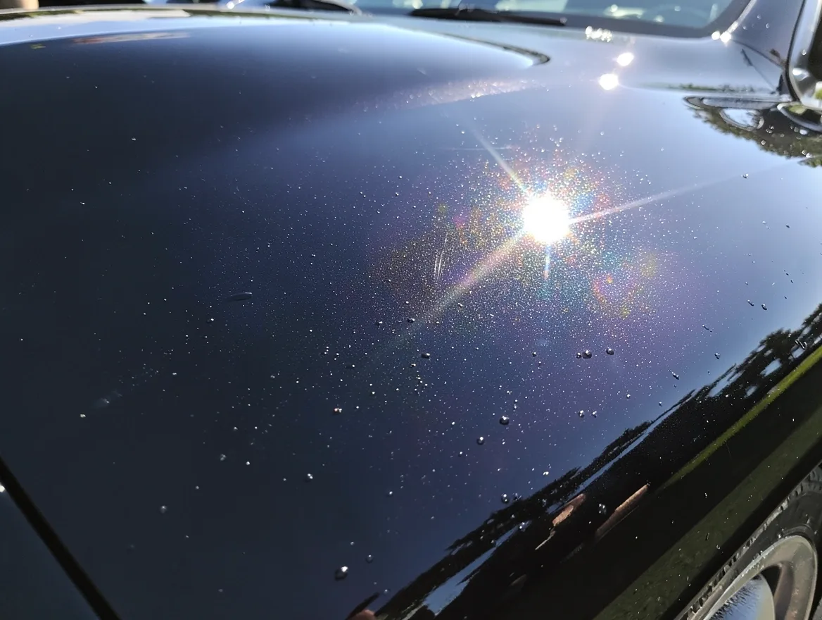 freshly waxed glossy black car paint reflecting sunlight