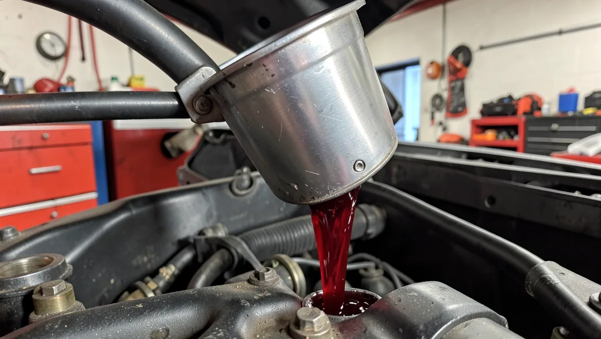 metal funnel pouring red transmission fluid into a car fill tube