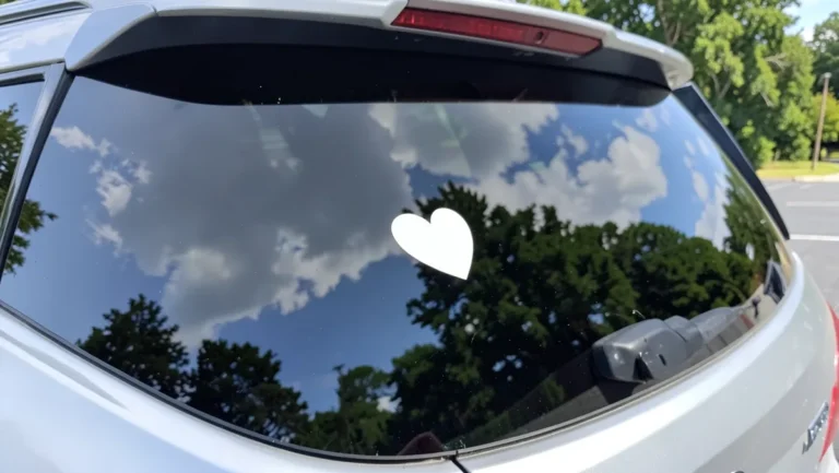 White heart-shaped vinyl decal on a car rear window, plain silhouette with no text
