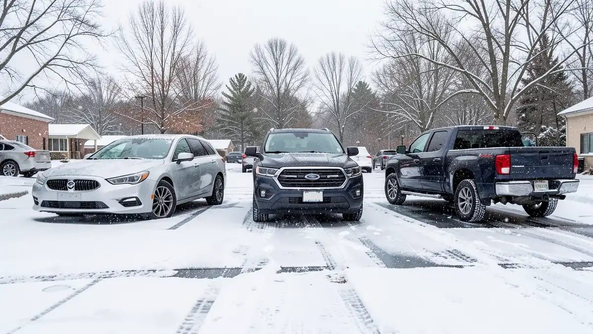 A sedan, SUV, and pickup truck parked side by side in snow, representing FWD, AWD, and RWD