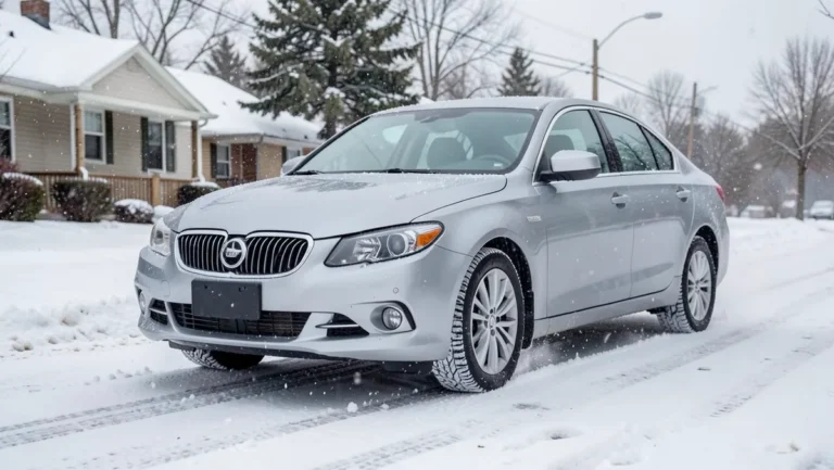 Silver front-wheel-drive sedan driving on a snow-covered residential street