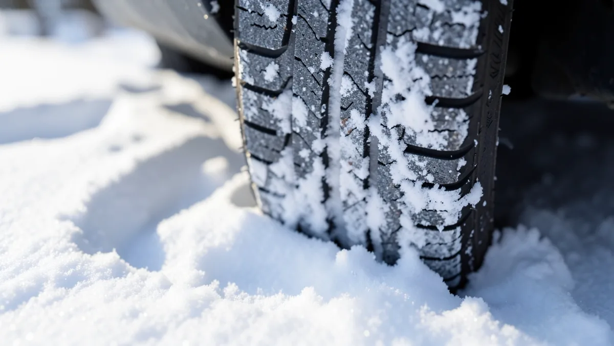 Close-up of a front-wheel-drive car tire tread pressing into fresh snow