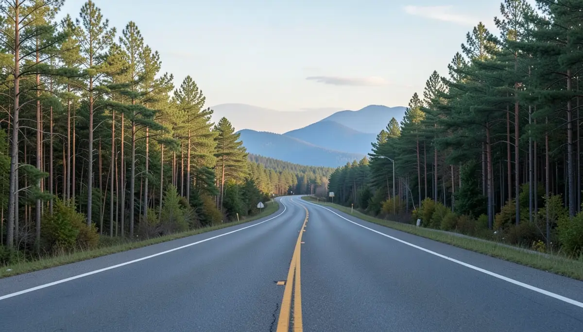 Two-lane highway winding through pine forest in the North Georgia mountains