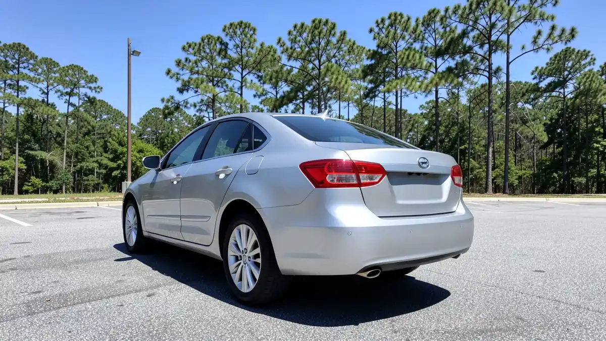 Silver rental sedan parked in a sunny lot in Georgia surrounded by tall pine trees