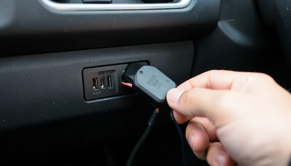 GPS telematics tracking device wired into a rental car OBD-II port under the dashboard
