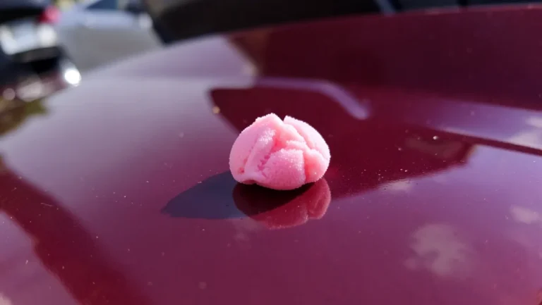 wad of chewing gum stuck on a car painted hood