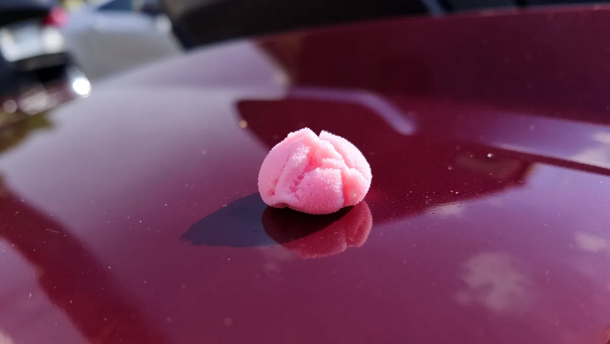 wad of chewing gum stuck on a car's painted hood