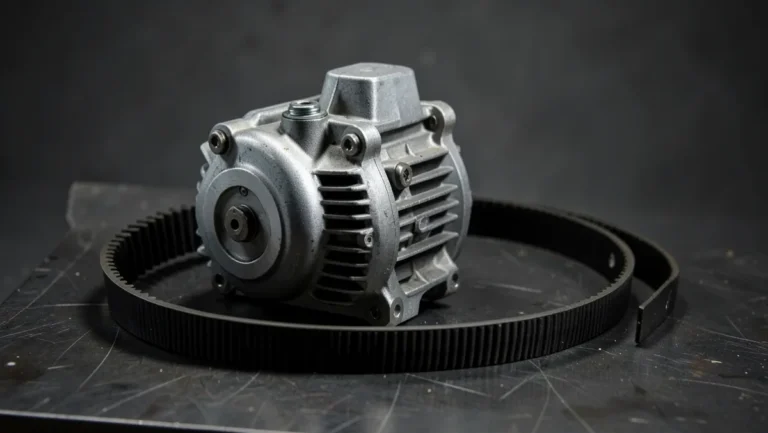 High-output automotive alternator with a serpentine belt coiled beside it on a workbench