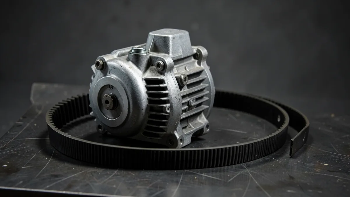 High-output automotive alternator with a serpentine belt coiled beside it on a workbench