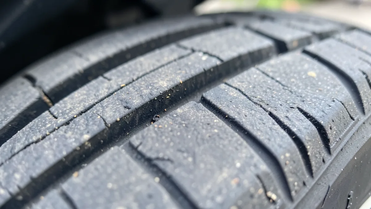 Close-up of a tire tread pattern showing grooves used to judge remaining tread depth