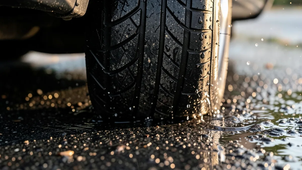 Macro close-up of a car tire tread displacing water on wet asphalt