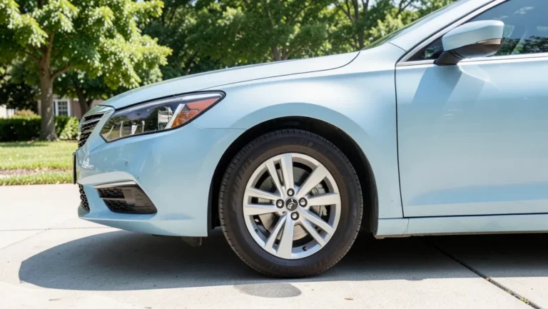 Close-up of a hybrid sedan front wheel and tire parked in a driveway