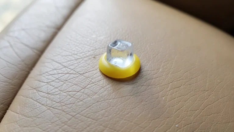 A small piece of hardened yellow chewing gum with an ice cube on top, stuck to a tan leather car seat