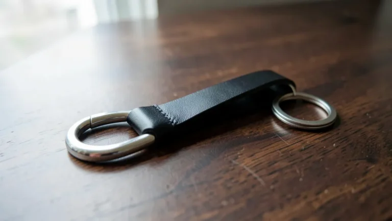 Black leather car keychain strap with a U-shaped D-ring and split keyring
