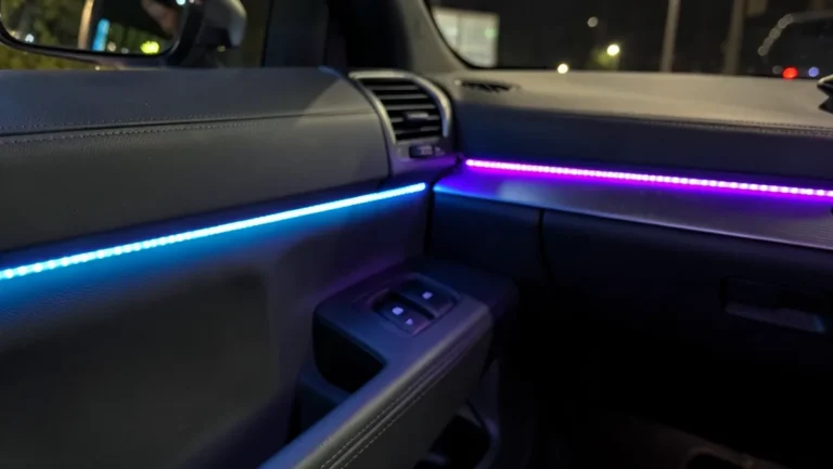 Blue and purple RGB LED light strips glowing along a car door panel and dashboard trim at night