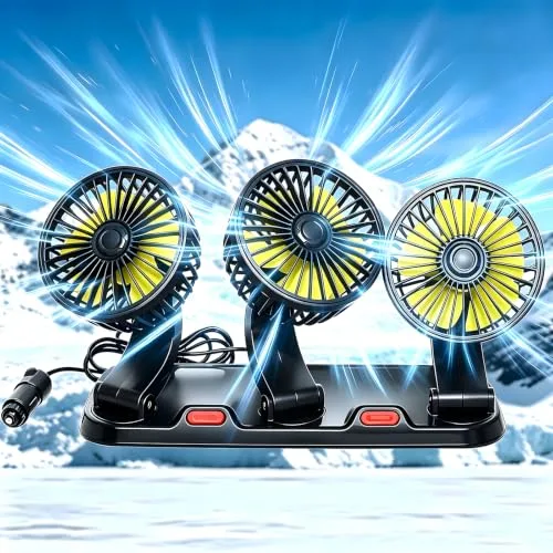 LIBERATECH portable 3-head 12V car cooling fan mounted on a dashboard with a cigarette lighter plug