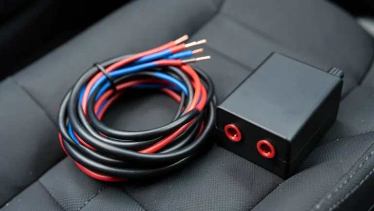 Line output converter box with red RCA jacks next to coiled speaker wire for a car audio amp install