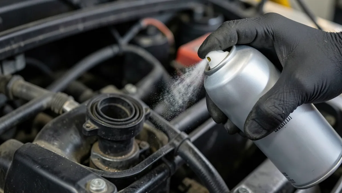 Mechanic cleaning a mass air flow sensor with aerosol sensor cleaner