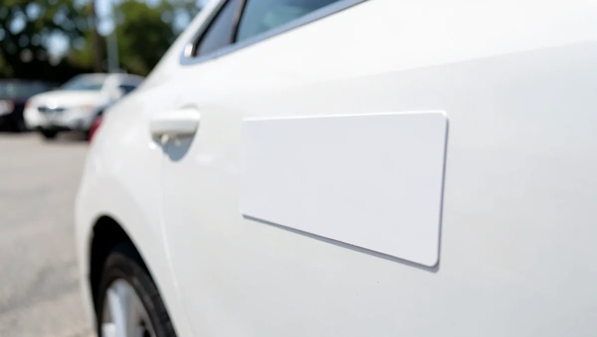 Blank magnetic sign panel attached to a white car door before adding custom magnetic letters