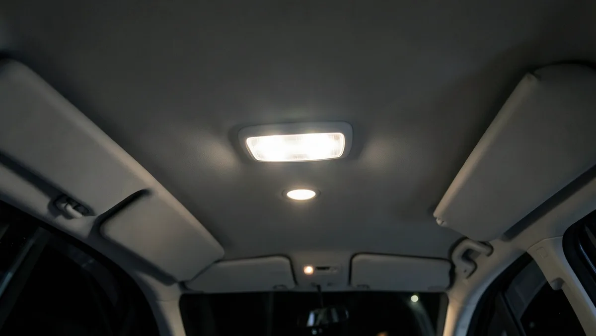 Car ceiling at night showing a front map reading light near the mirror and a dome light further back