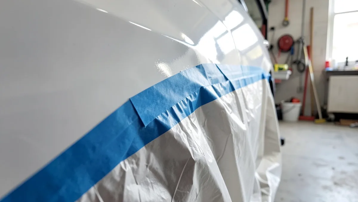 masking tape and plastic sheeting protecting car body before paint removal