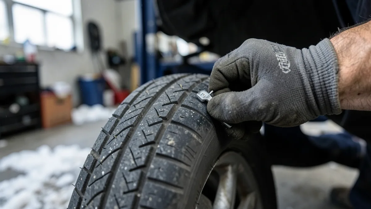 Mechanic checking tire tread depth with a gauge during winter maintenance
