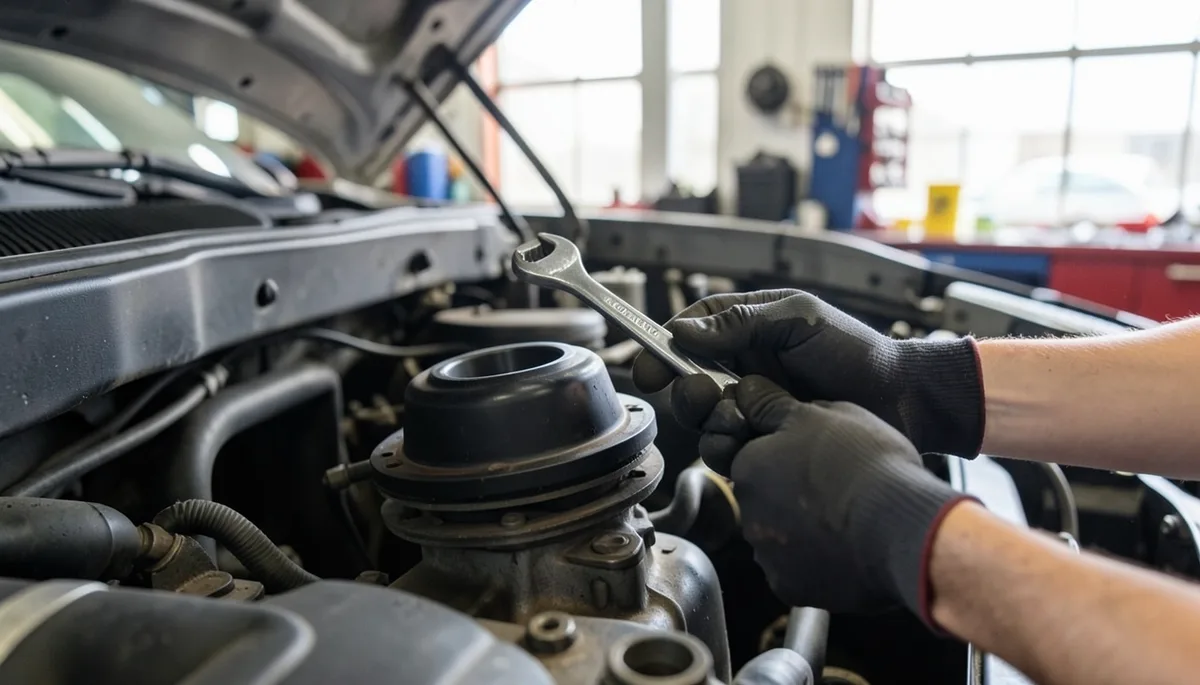mechanic inspecting a worn rubber engine mount during a repair