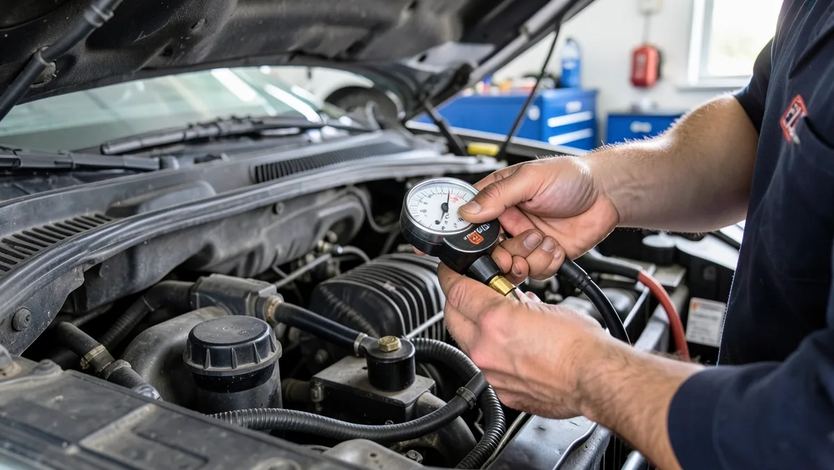 Mechanic using a manifold gauge set to test car air conditioning system pressure under the hood