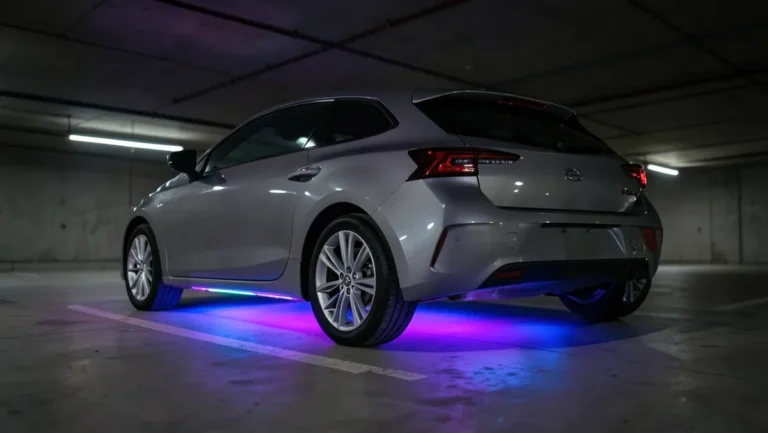 Car with multicolor RGB neon underglow lighting glowing under the body in a dark parking garage