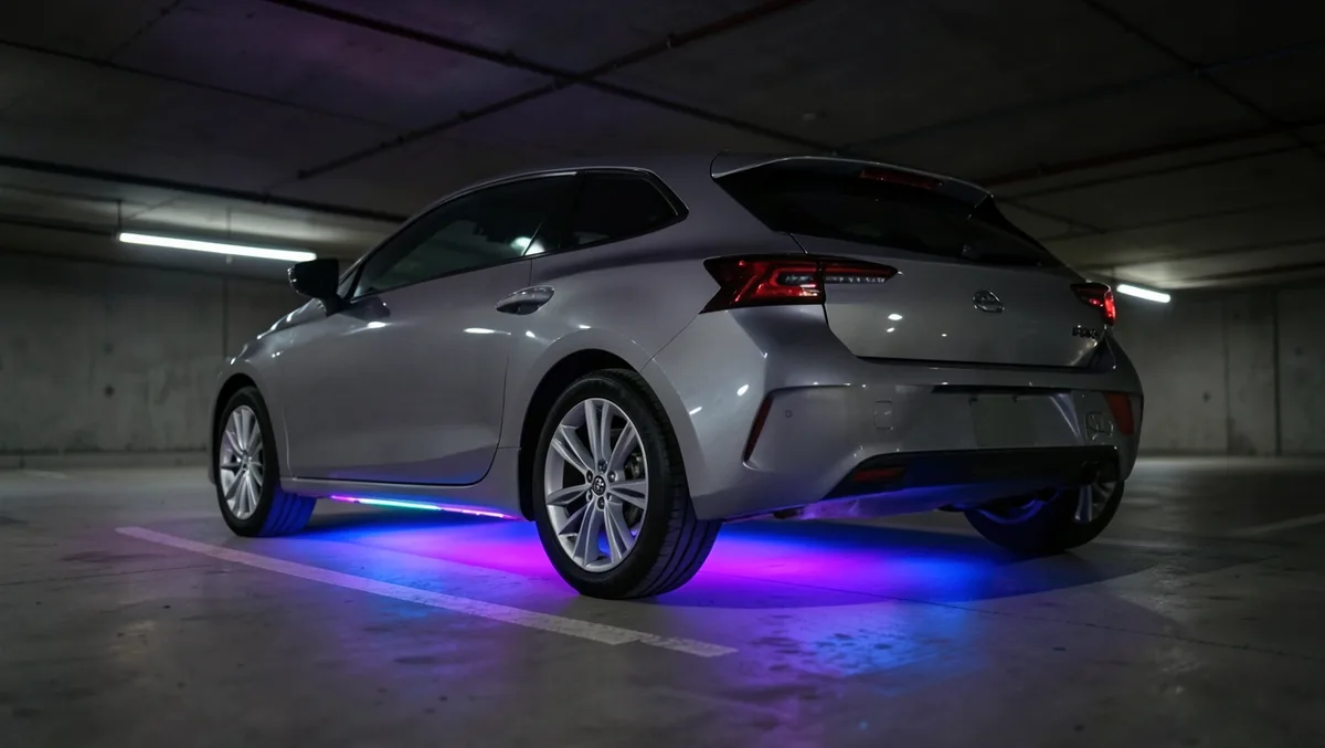Car with multicolor RGB neon underglow lighting glowing under the body in a dark parking garage
