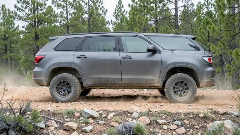 Gray SUV with aggressive off-road mud-terrain tires driving on a rocky dirt trail through a pine forest