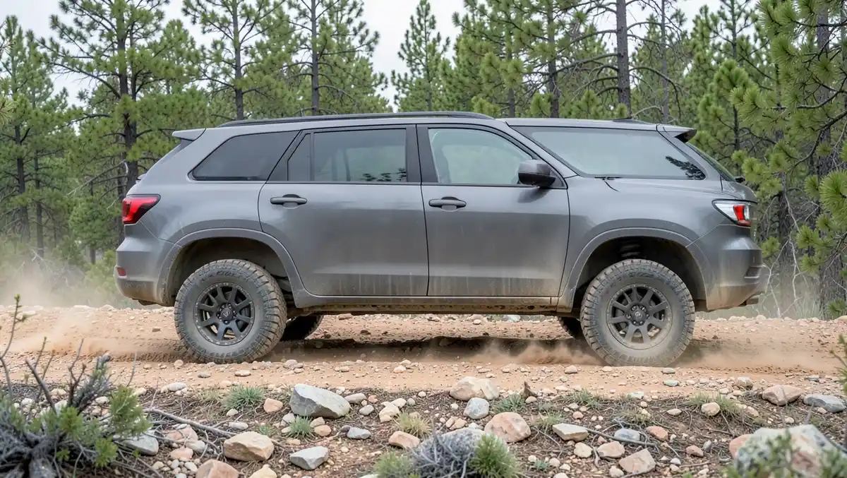 Gray SUV with aggressive off-road mud-terrain tires driving on a rocky dirt trail through a pine forest